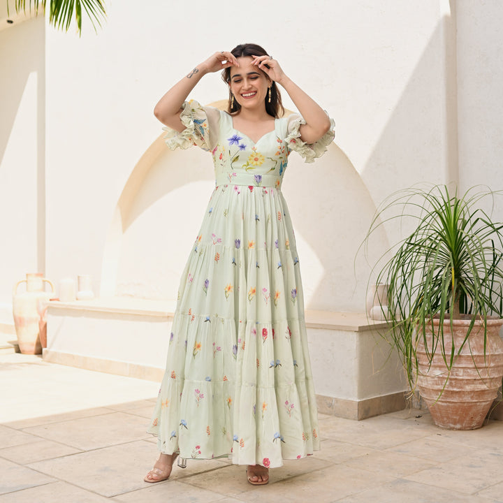 backless Anarkali Printed Gown