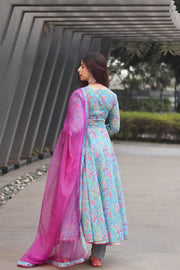 Aqua Blue Cotton Floral Anarkali Pant with Dupatta