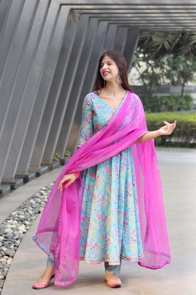 Aqua Blue Cotton Floral Anarkali Pant with Dupatta