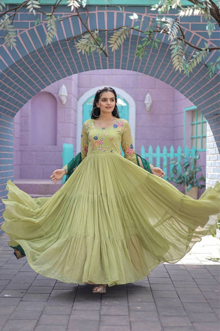Green Colour Georgette Emroydery Gown