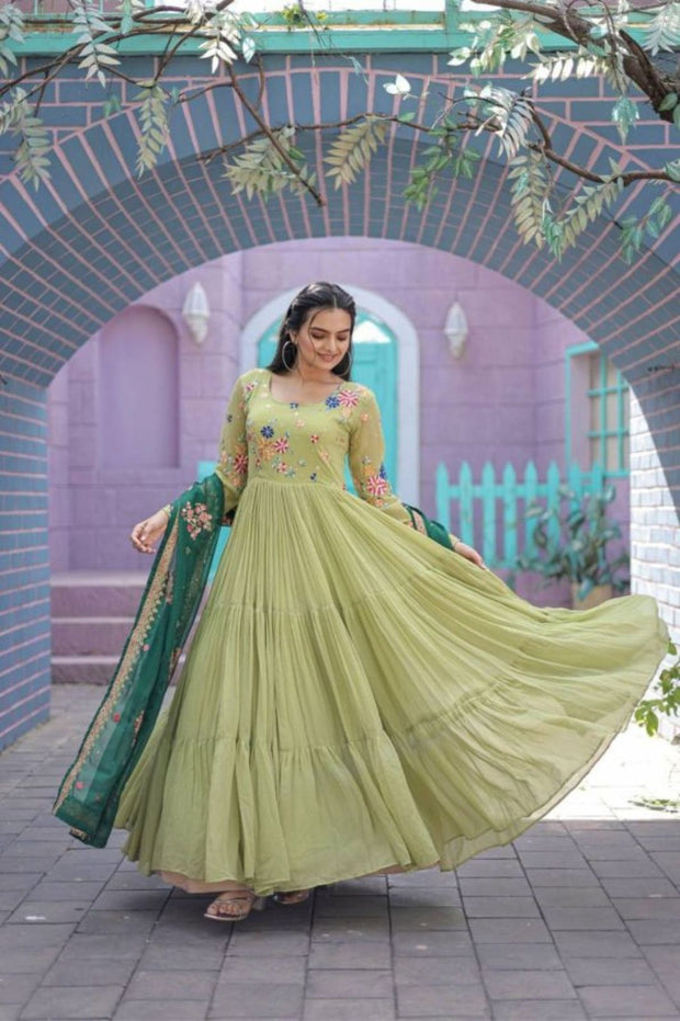 Green Colour Georgette Emroydery Gown