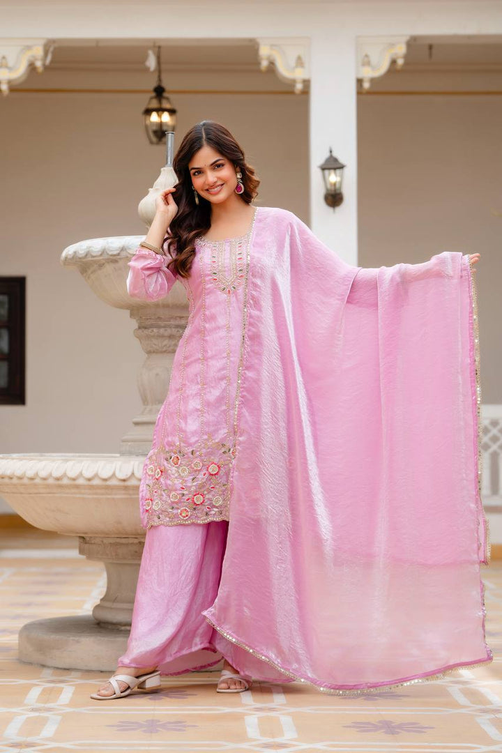 Pink Beads Work Kurti Set