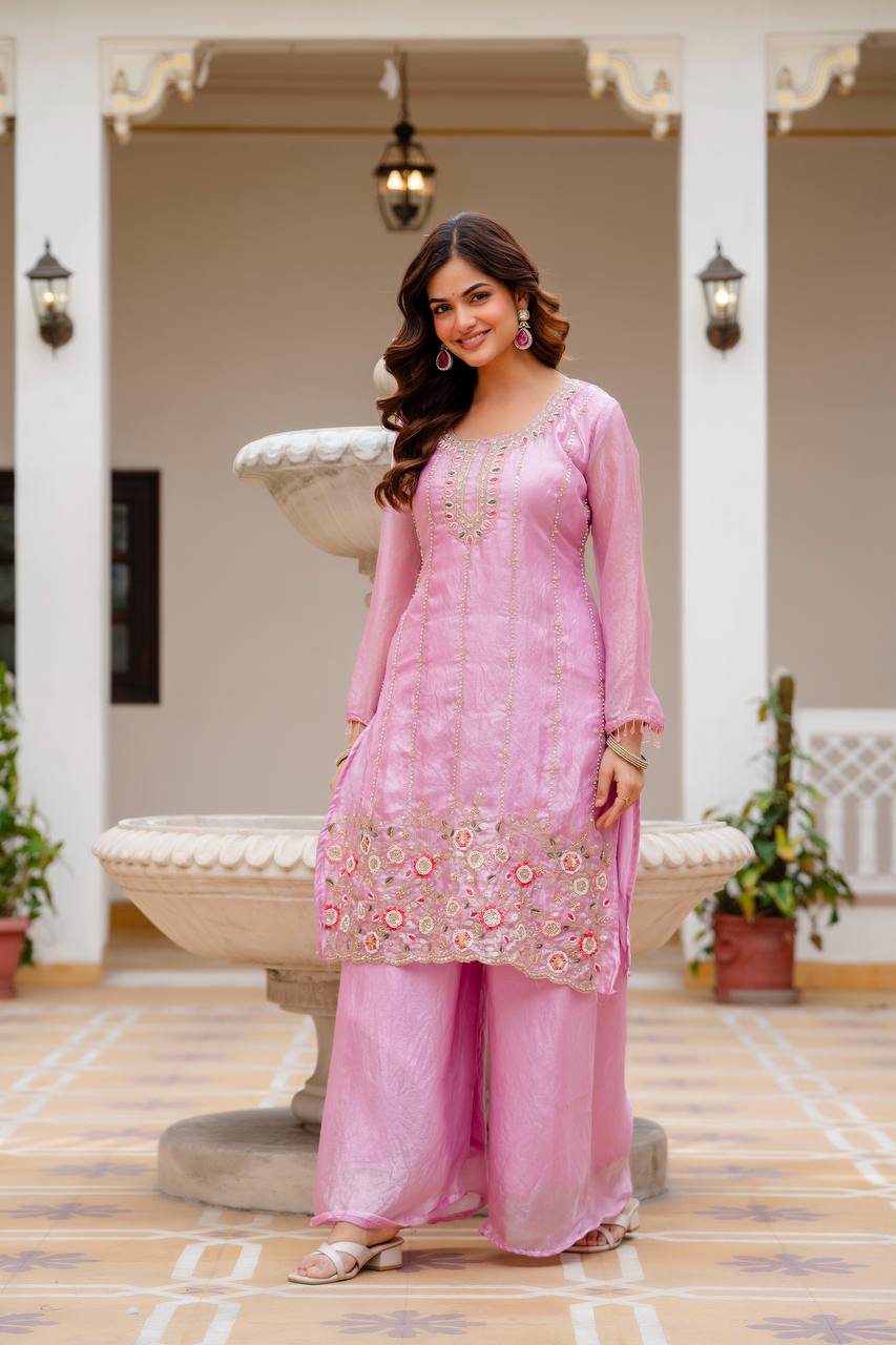 Pink Beads Work Kurti Set
