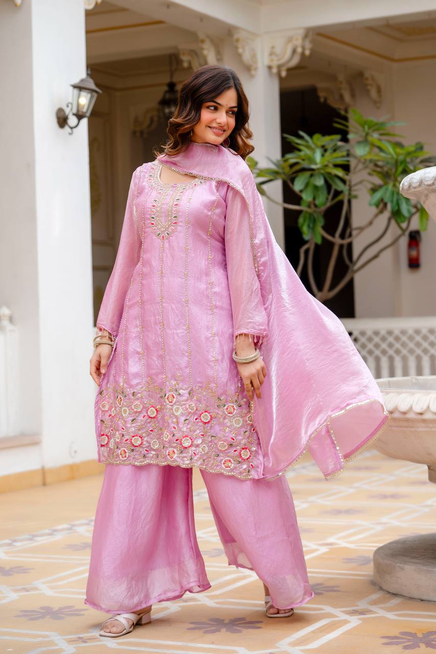 Pink Beads Work Kurti Set