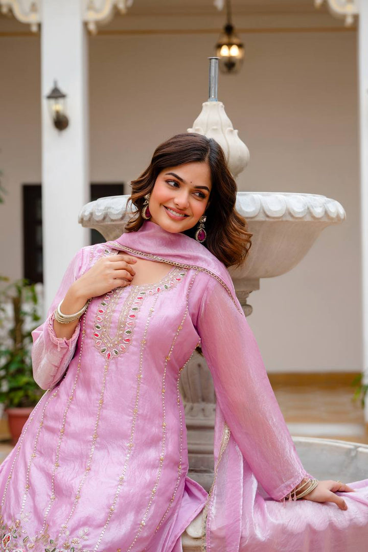 Pink Beads Work Kurti Set