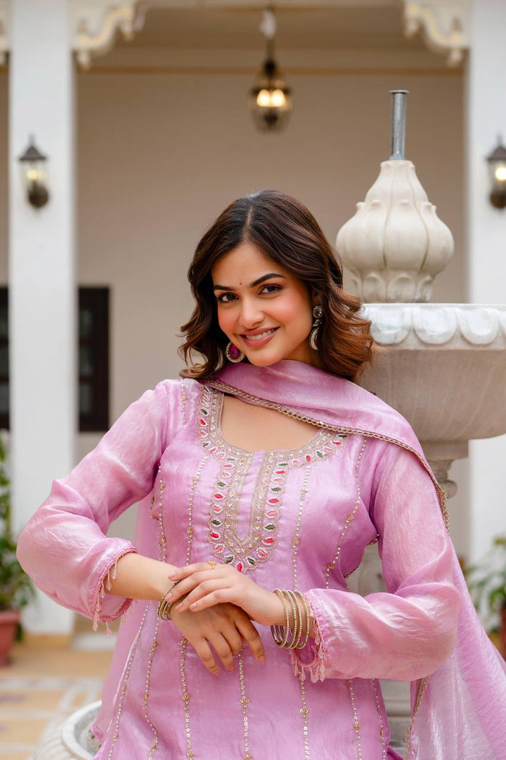 Pink Beads Work Kurti Set