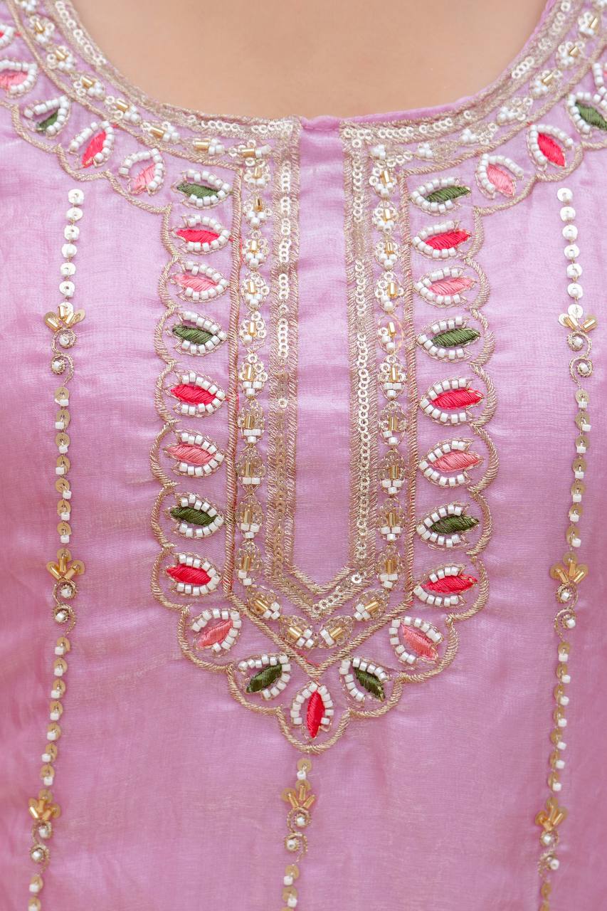Pink Beads Work Kurti Set