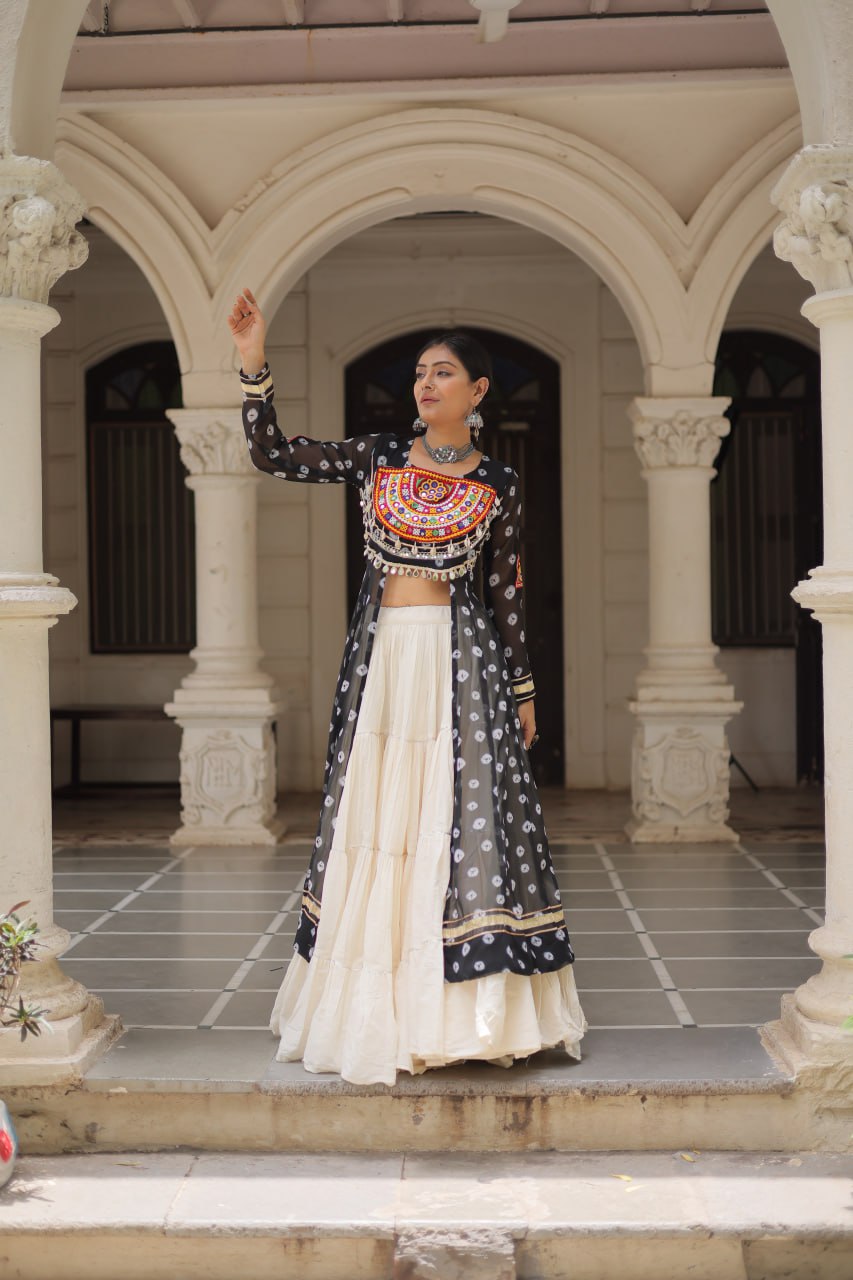 Black Color Bandhani Print with kutchi patchework Navratri Collection