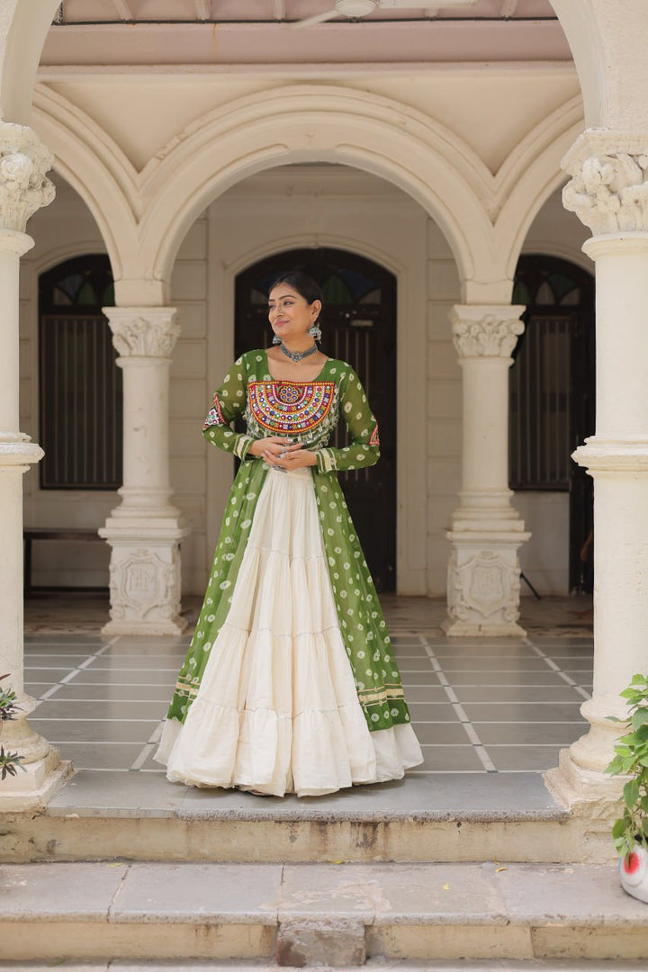 Green Color Bandhani Print with kutchi patchework Navratri Collection
