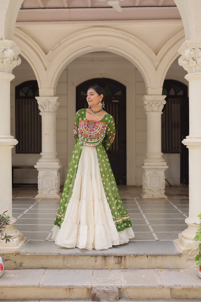 Green Color Bandhani Print with kutchi patchework Navratri Collection