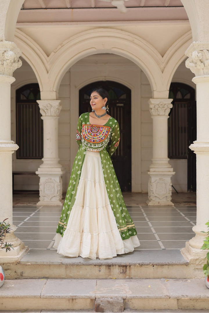 Green Color Bandhani Print with kutchi patchework Navratri Collection