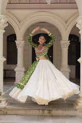 Green Color Bandhani Print with kutchi patchework Navratri Collection