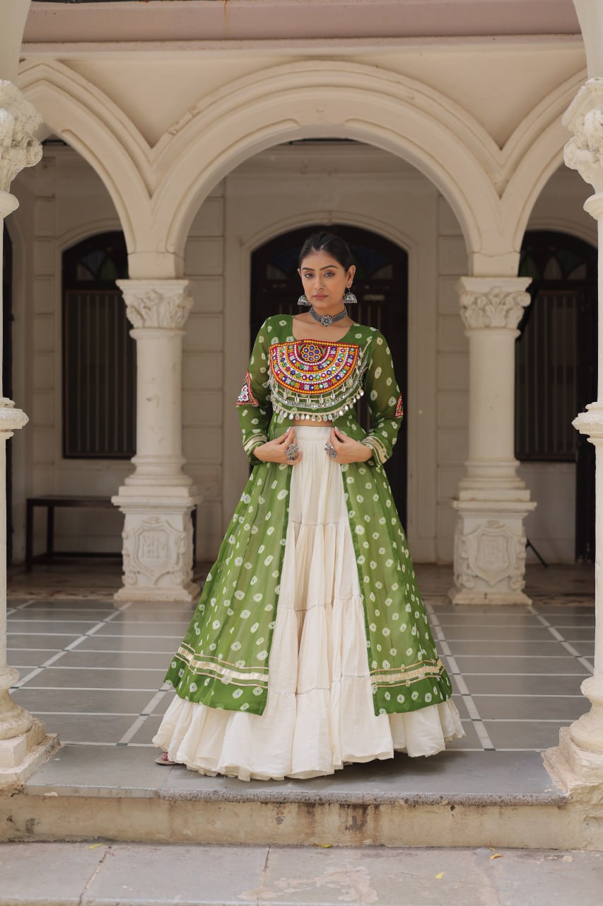 Green Color Bandhani Print with kutchi patchework Navratri Collection