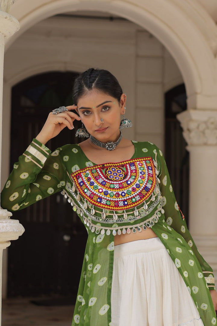 Green Color Bandhani Print with kutchi patchework Navratri Collection
