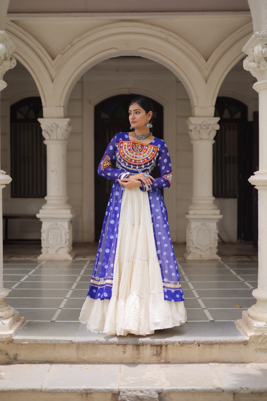Blue Color Bandhani Print with kutchi patchework Navratri Collection