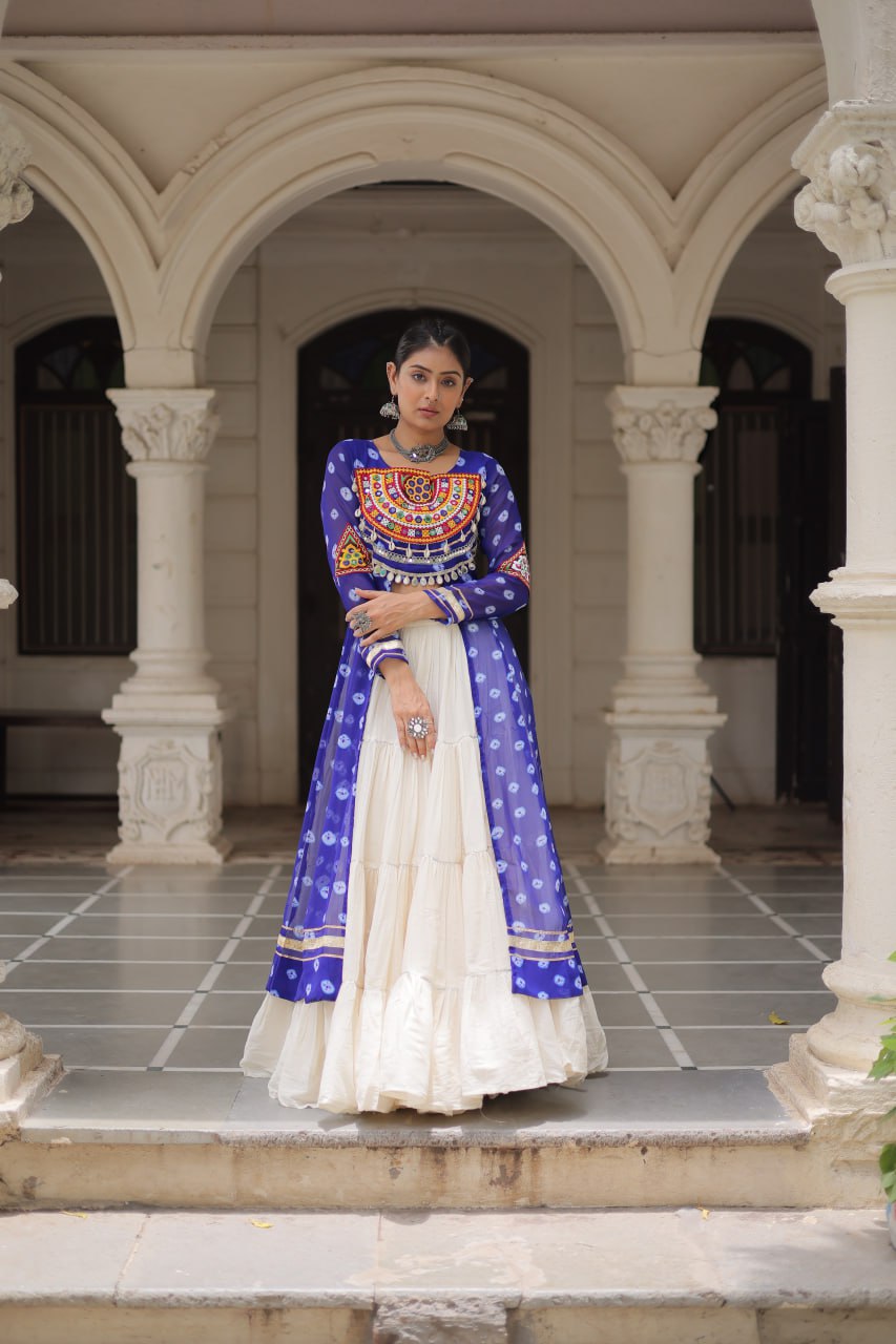 Blue Color Bandhani Print with kutchi patchework Navratri Collection