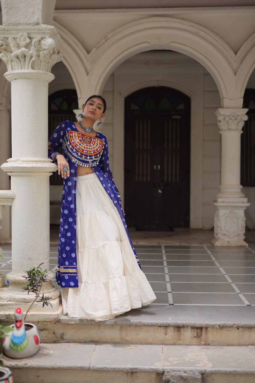 Blue Color Bandhani Print with kutchi patchework Navratri Collection