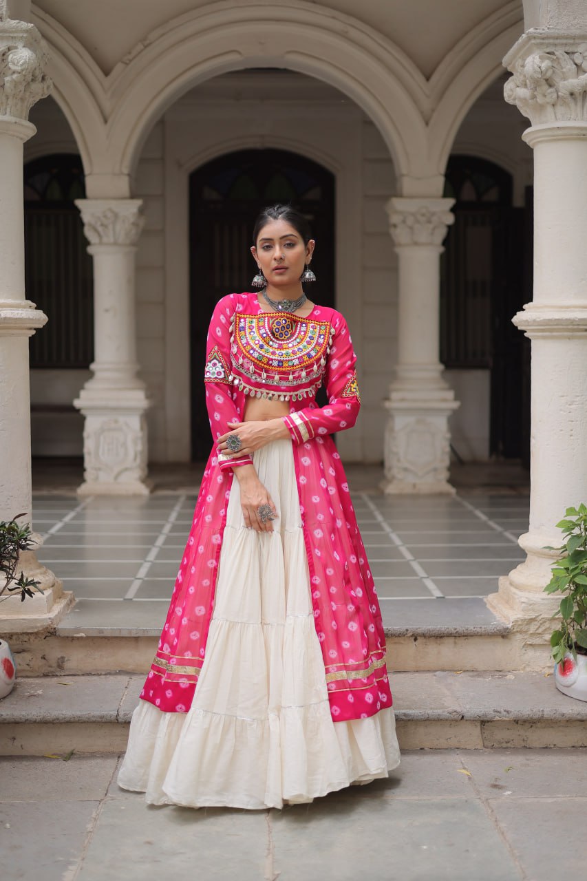 Pink Color Bandhani Print with kutchi patchework Navratri Collection