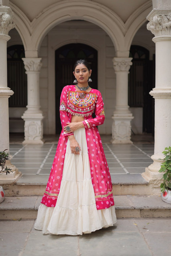 Pink Color Bandhani Print with kutchi patchework Navratri Collection