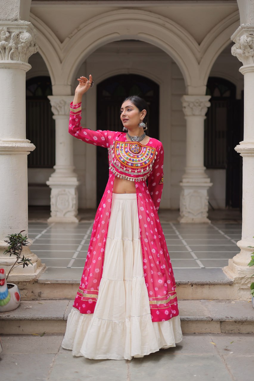 Pink Color Bandhani Print with kutchi patchework Navratri Collection