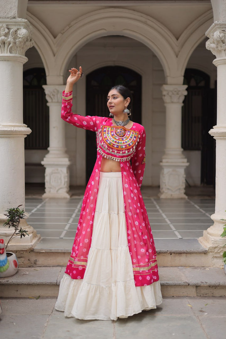 Pink Color Bandhani Print with kutchi patchework Navratri Collection