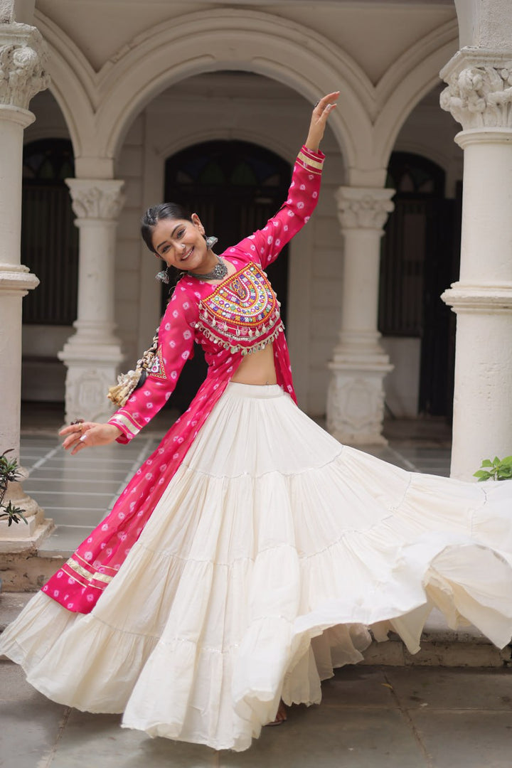Pink Color Bandhani Print with kutchi patchework Navratri Collection