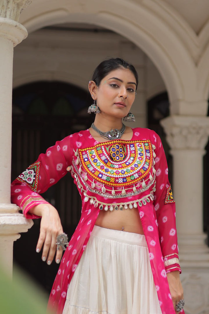Pink Color Bandhani Print with kutchi patchework Navratri Collection