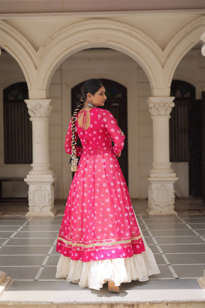 Pink Color Bandhani Print with kutchi patchework Navratri Collection