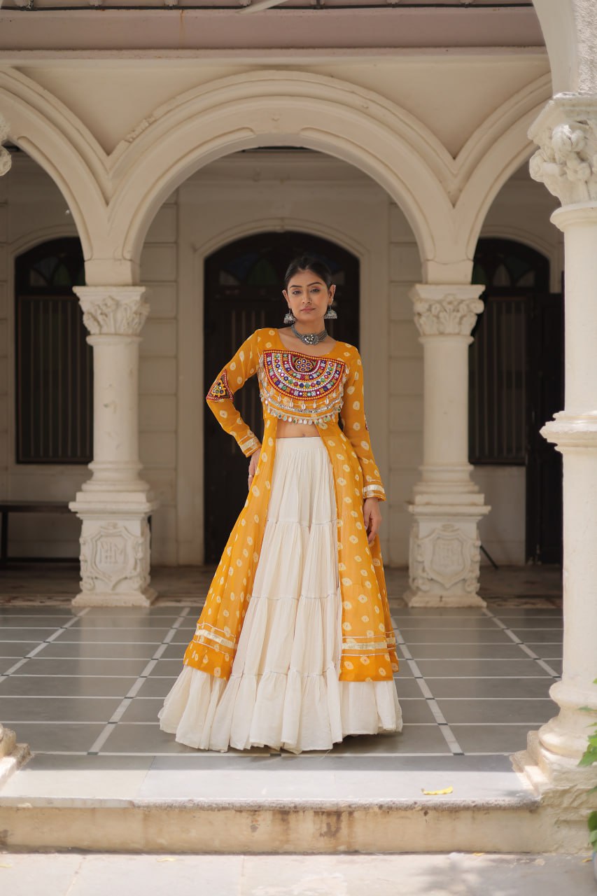 Yellow Color Bandhani Print with kutchi patchework Navratri Collection