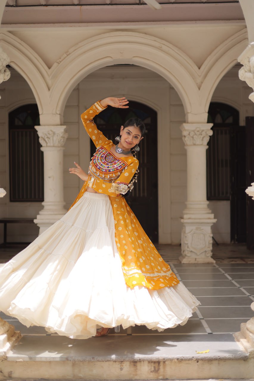 Yellow Color Bandhani Print with kutchi patchework Navratri Collection