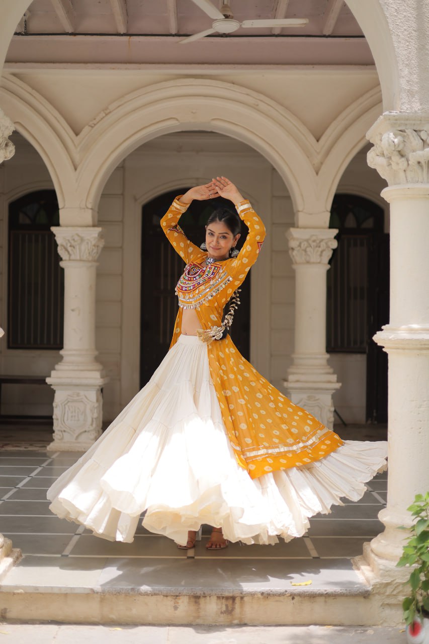 Yellow Color Bandhani Print with kutchi patchework Navratri Collection