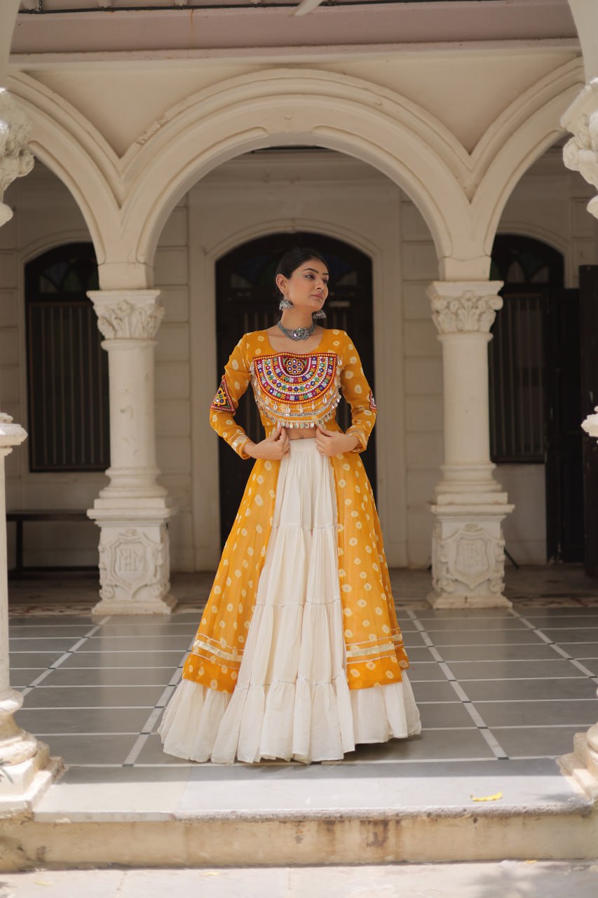 Yellow Color Bandhani Print with kutchi patchework Navratri Collection