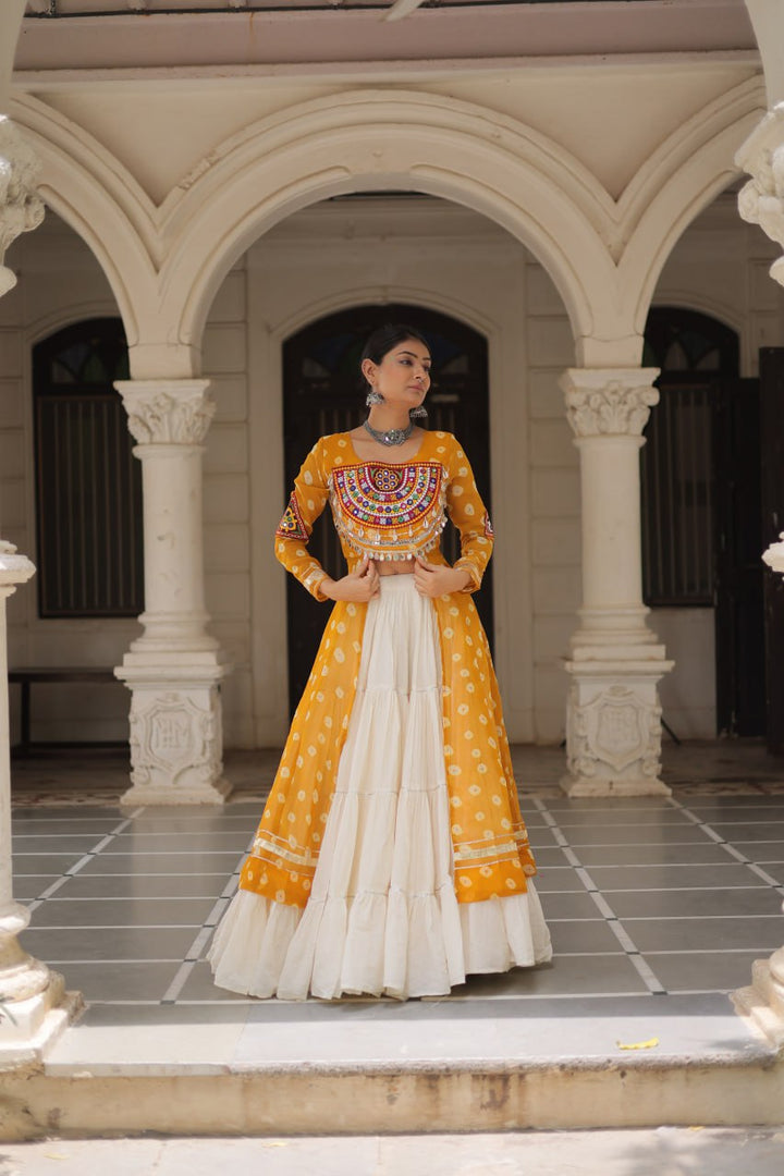 Yellow Color Bandhani Print with kutchi patchework Navratri Collection