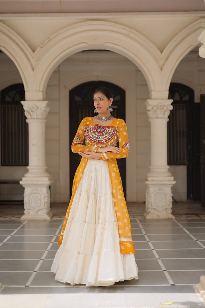 Yellow Color Bandhani Print with kutchi patchework Navratri Collection