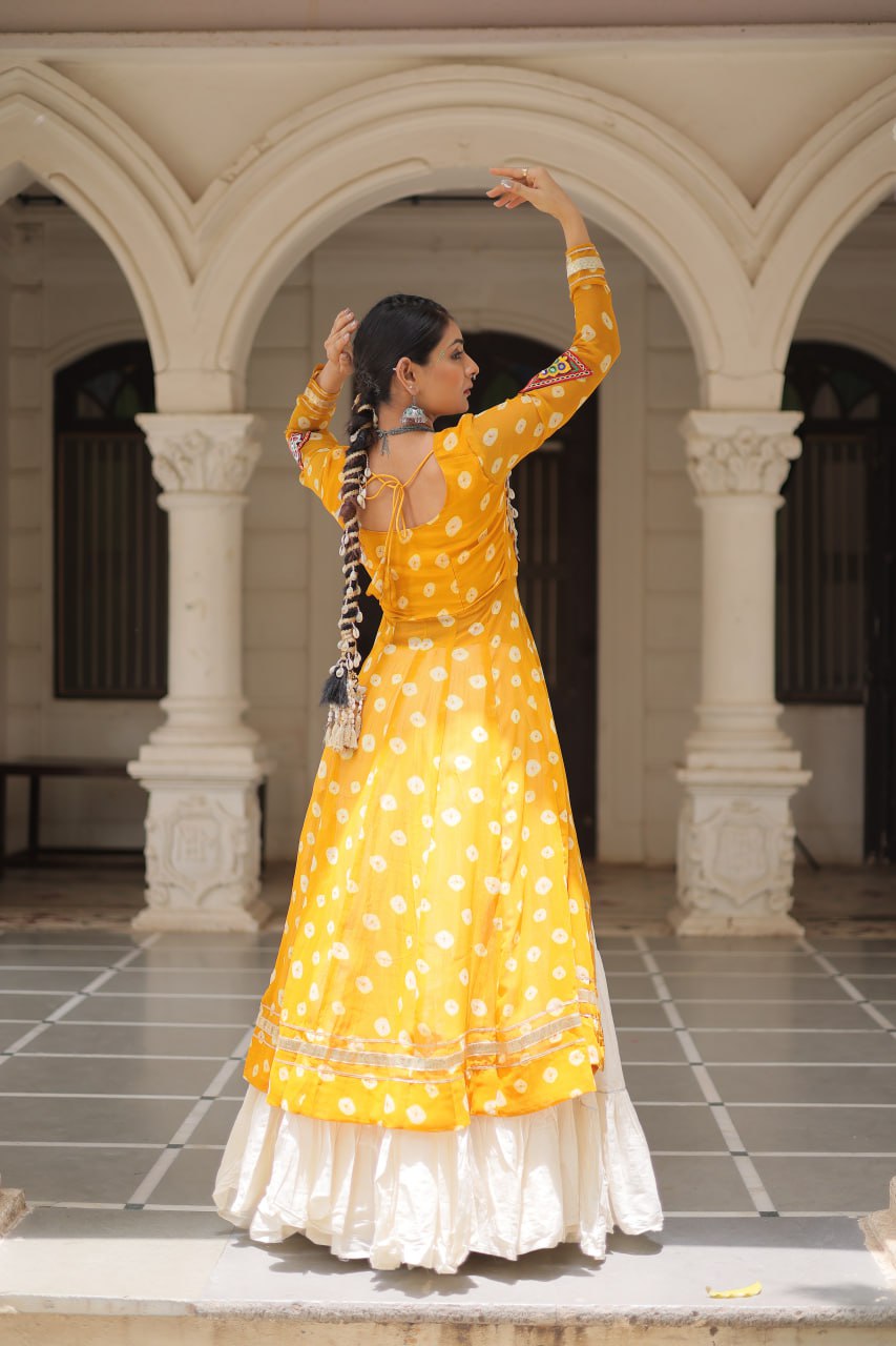Yellow Color Bandhani Print with kutchi patchework Navratri Collection