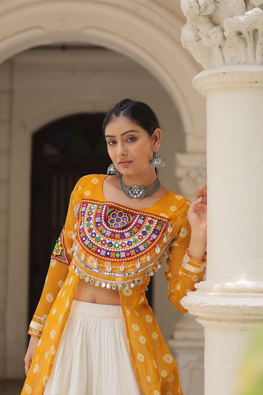 Yellow Color Bandhani Print with kutchi patchework Navratri Collection