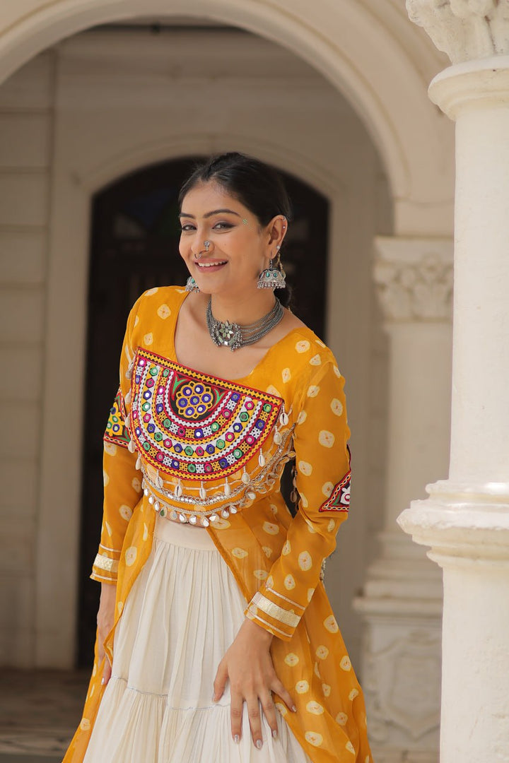 Yellow Color Bandhani Print with kutchi patchework Navratri Collection
