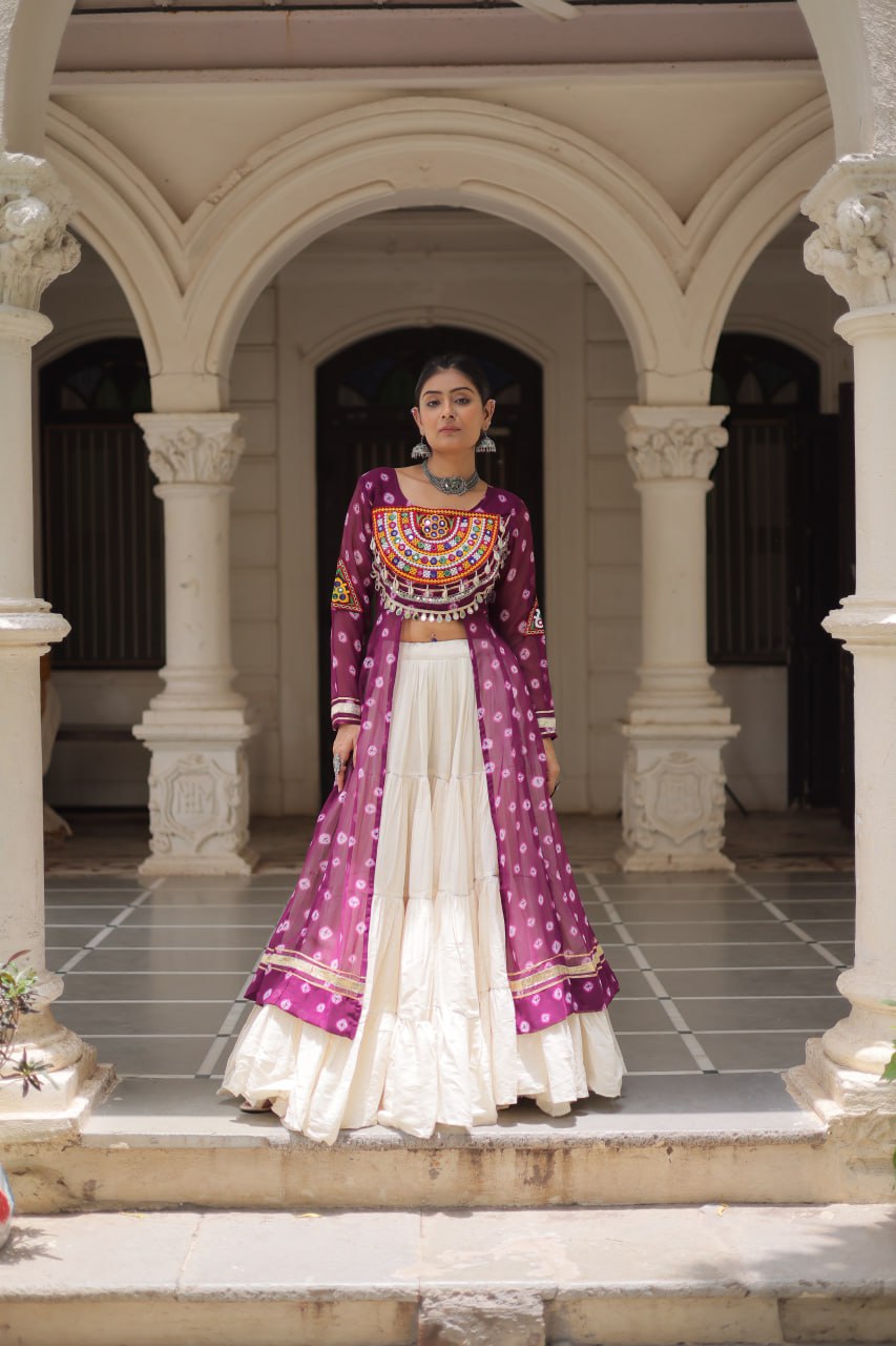 Purple Color Bandhani Print with kutchi patchework Navratri Collection
