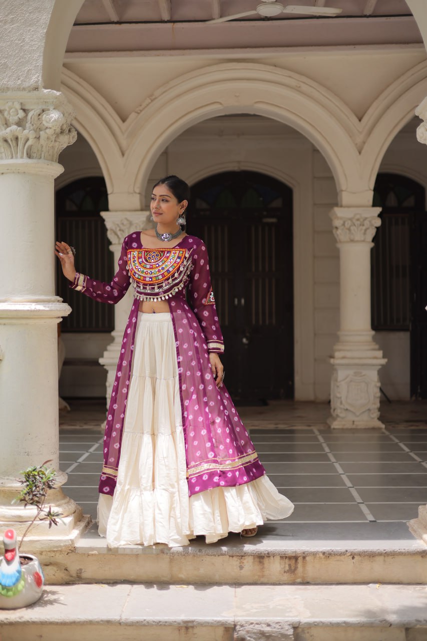 Purple Color Bandhani Print with kutchi patchework Navratri Collection