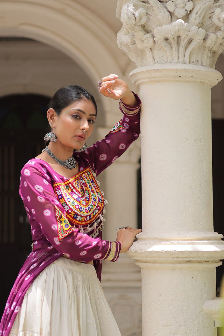 Purple Color Bandhani Print with kutchi patchework Navratri Collection