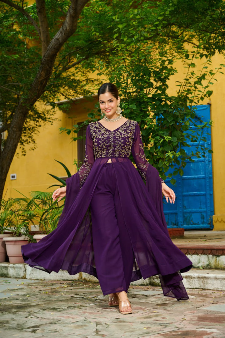 Wine Color Embroidered Georgette Anarkali Palazzo Suit