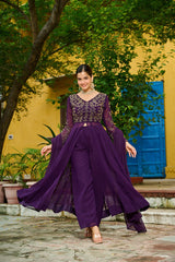 Wine Color Embroidered Georgette Anarkali Palazzo Suit