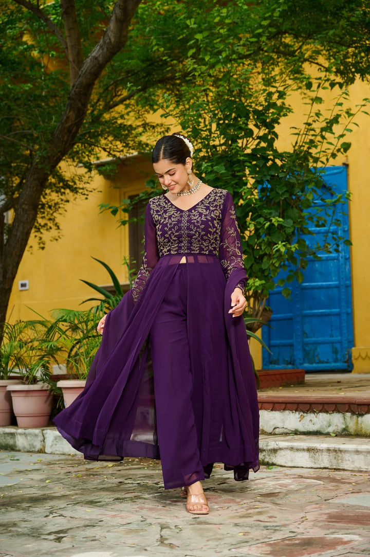 Wine Color Embroidered Georgette Anarkali Palazzo Suit