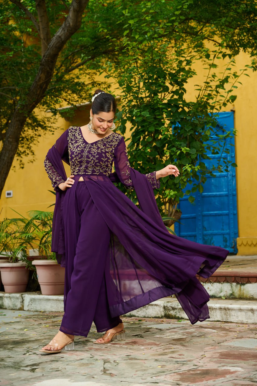 Wine Color Embroidered Georgette Anarkali Palazzo Suit