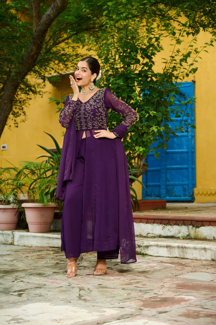 Wine Color Embroidered Georgette Anarkali Palazzo Suit