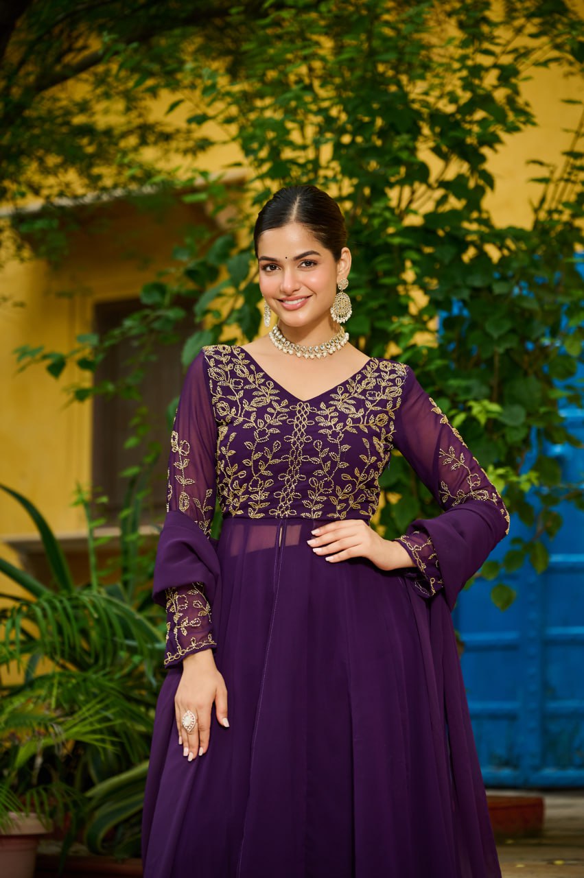 Wine Color Embroidered Georgette Anarkali Palazzo Suit