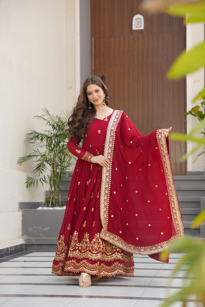 red designer anarkali dress Radiate Elegance in This Red Hand Work Anarkali Suit subhvastra