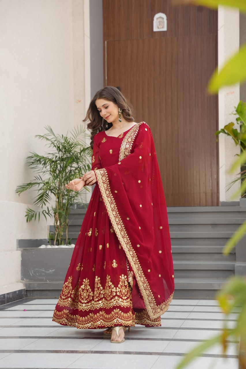 Red Designer Anarkali Gown With Dupatta Set