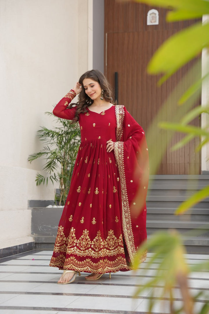 Red Designer Anarkali Gown With Dupatta Set