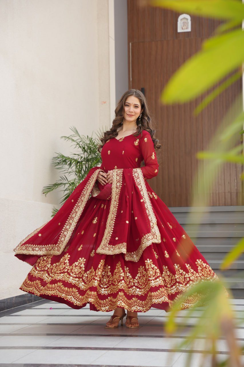 strapless open back dress Red Designer Anarkali Gown With Dupatta Set – Vika Fab